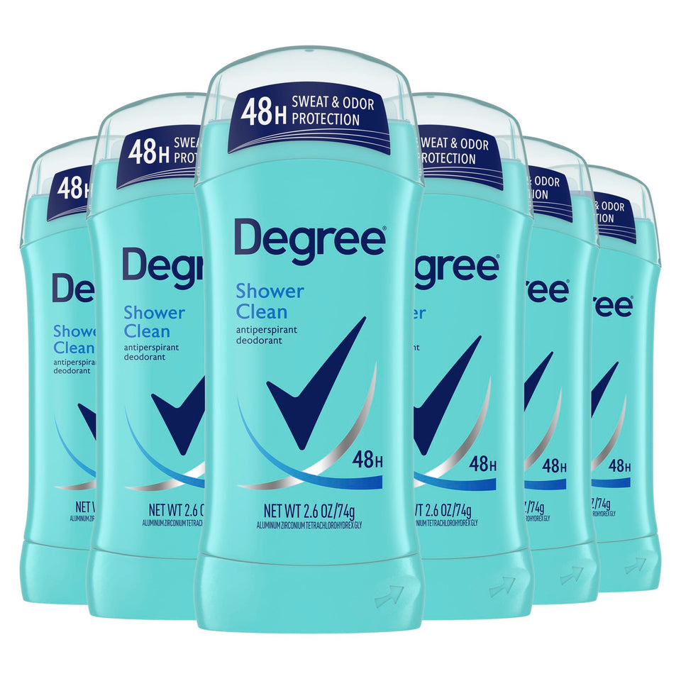 Degree Shower Clean front packaging showing six 2.6 oz sticks and fresh scent benefit