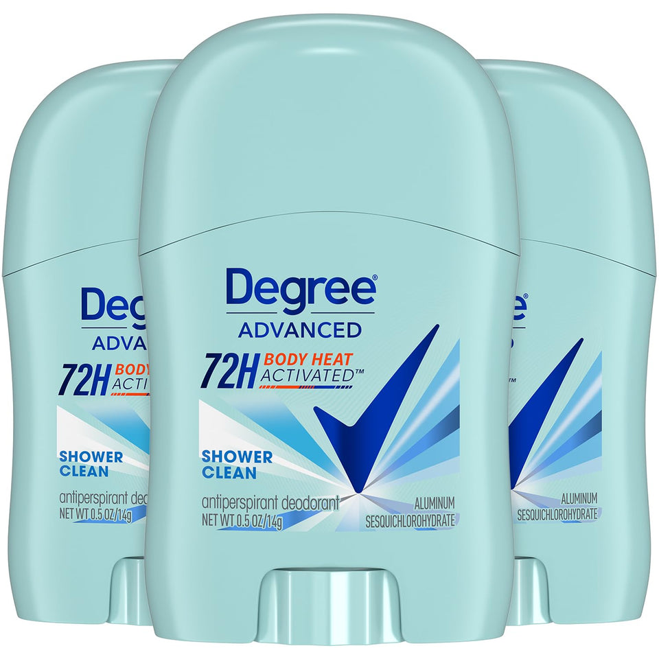 Degree Shower Clean front packaging shows compact travel-ready sticks and benefit of portability
