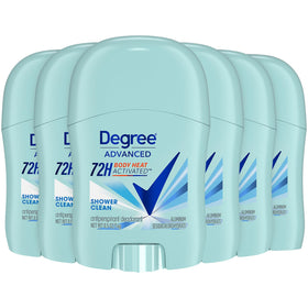 Degree front packaging showing six travel deodorant sticks and benefits