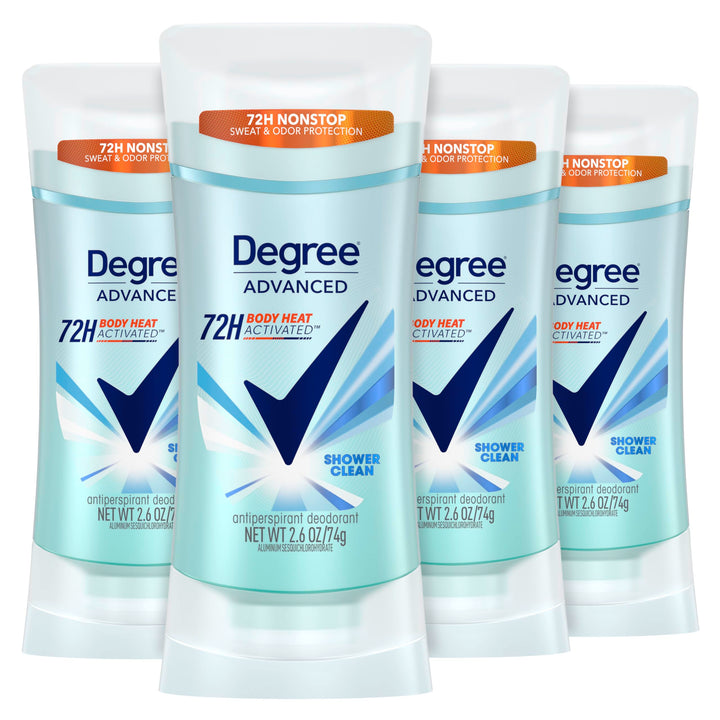 Degree shower clean front packaging showing 4-count convenience and protection