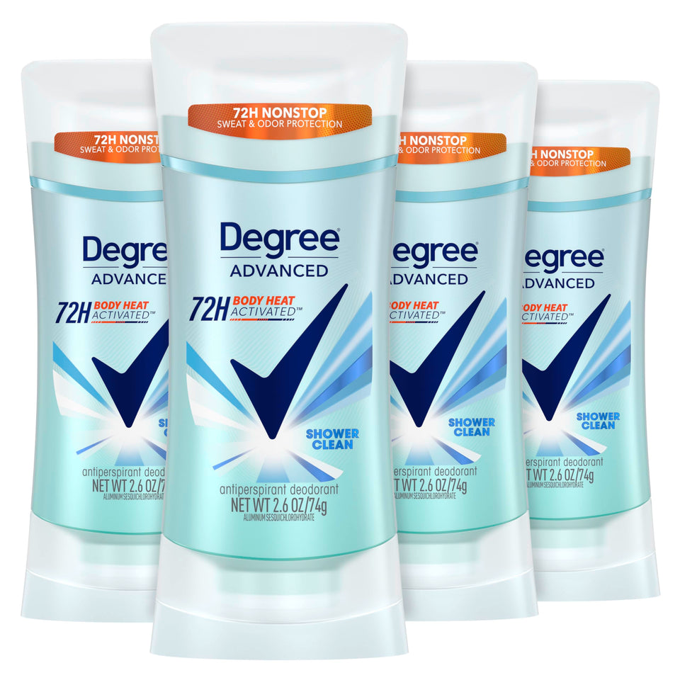 Degree shower clean front packaging showing 4-count convenience and protection