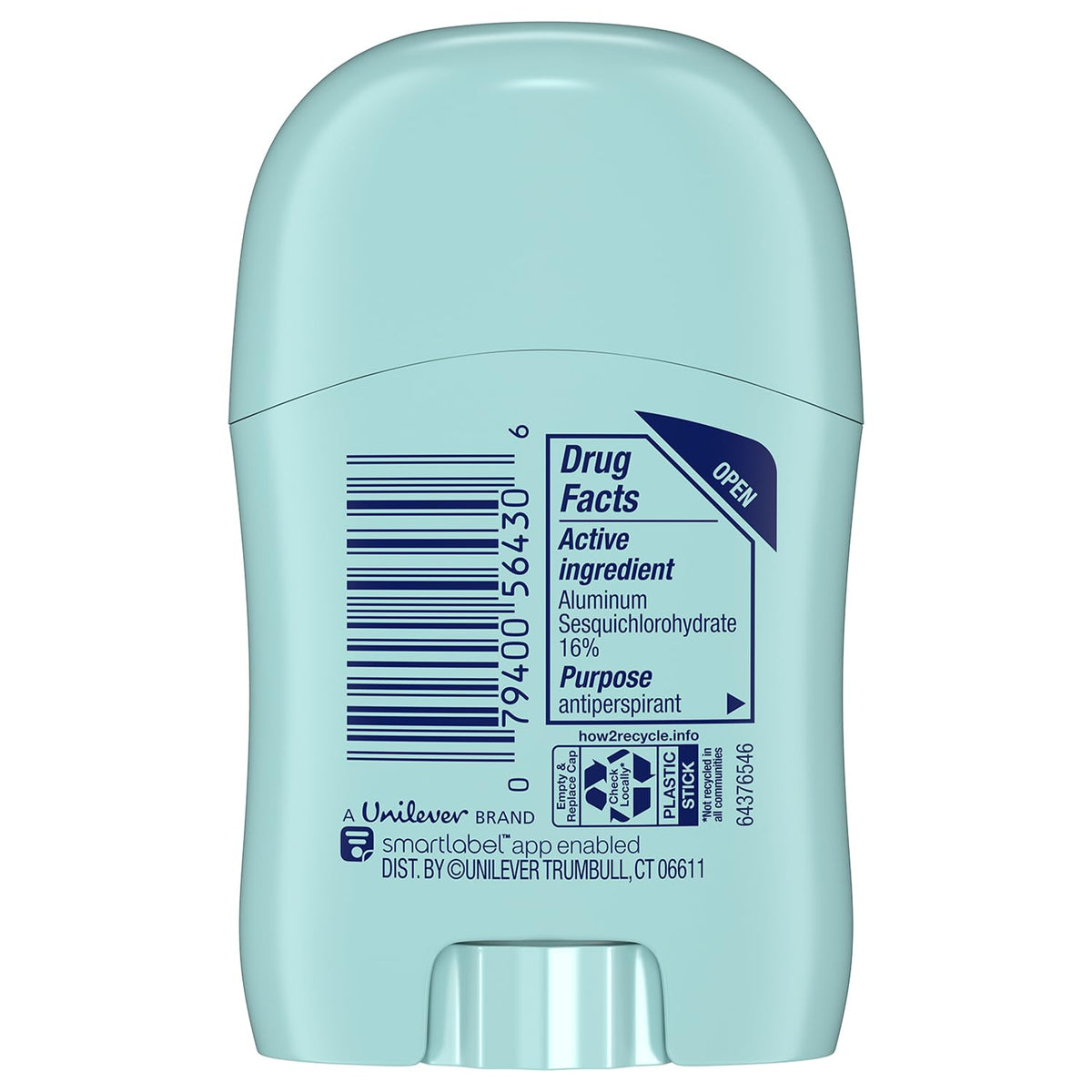Degree mini deodorant stick close-up displaying twist-up applicator and cap benefit
