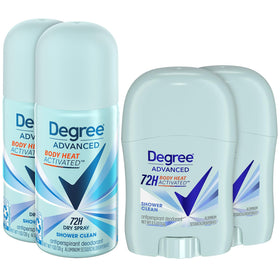Degree travel bundle front packaging showing four mini deodorants for convenience