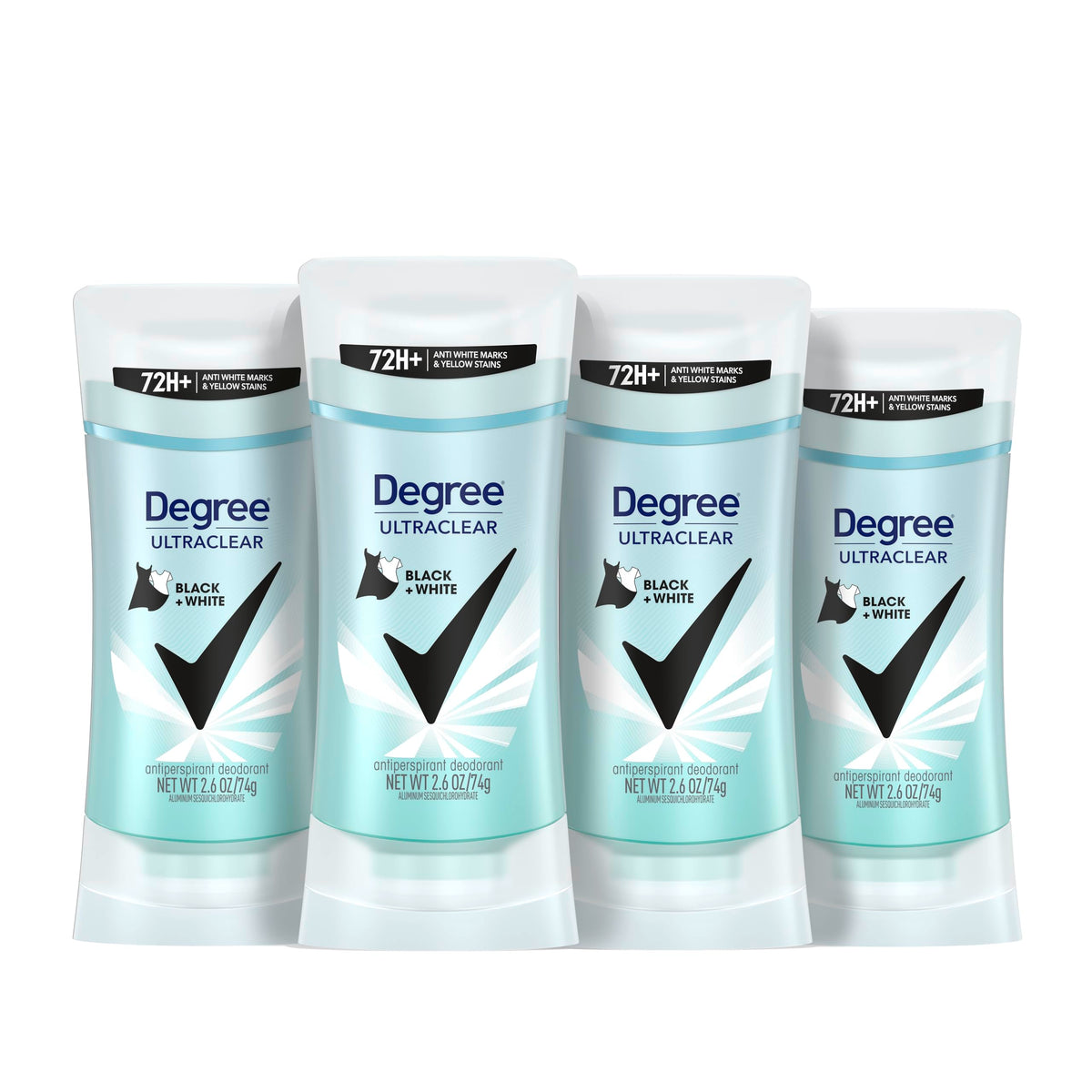 Degree front packaging showing 4-pack and stain protection benefit