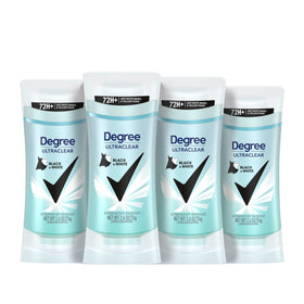 Degree front packaging showing 4-pack and stain protection benefit