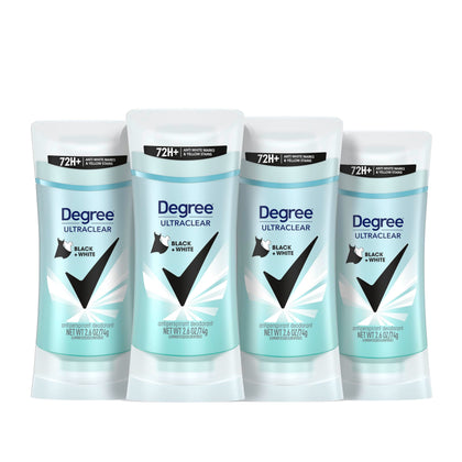 Degree front packaging showing 4-pack and stain protection benefit