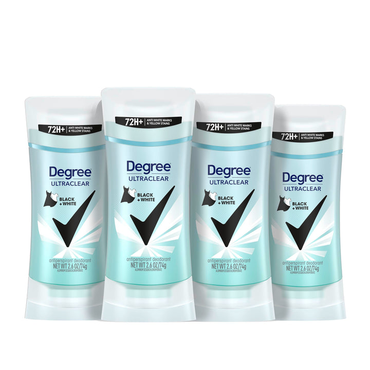 Degree front packaging showing 4-pack and stain protection benefit