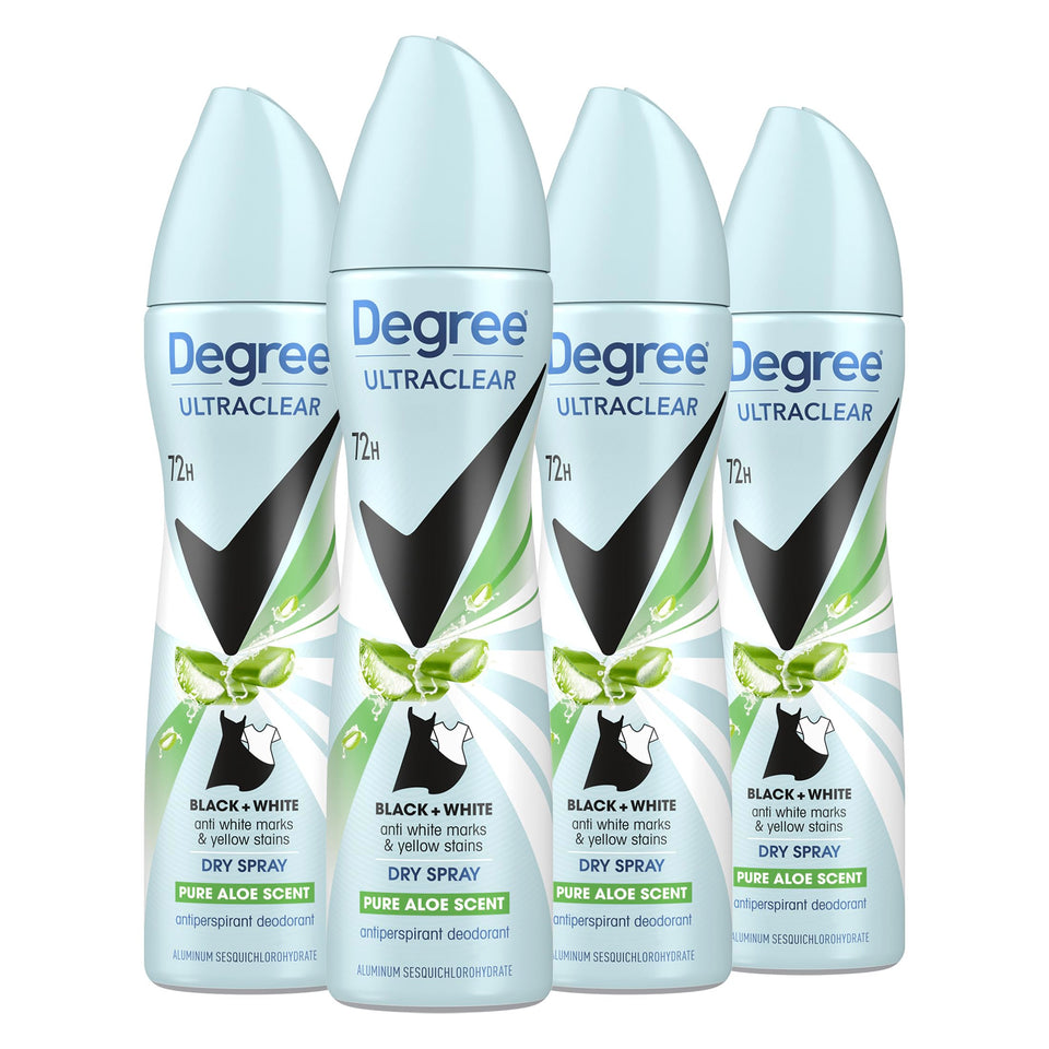 Degree UltraClear front packaging showing four dry spray cans and benefits