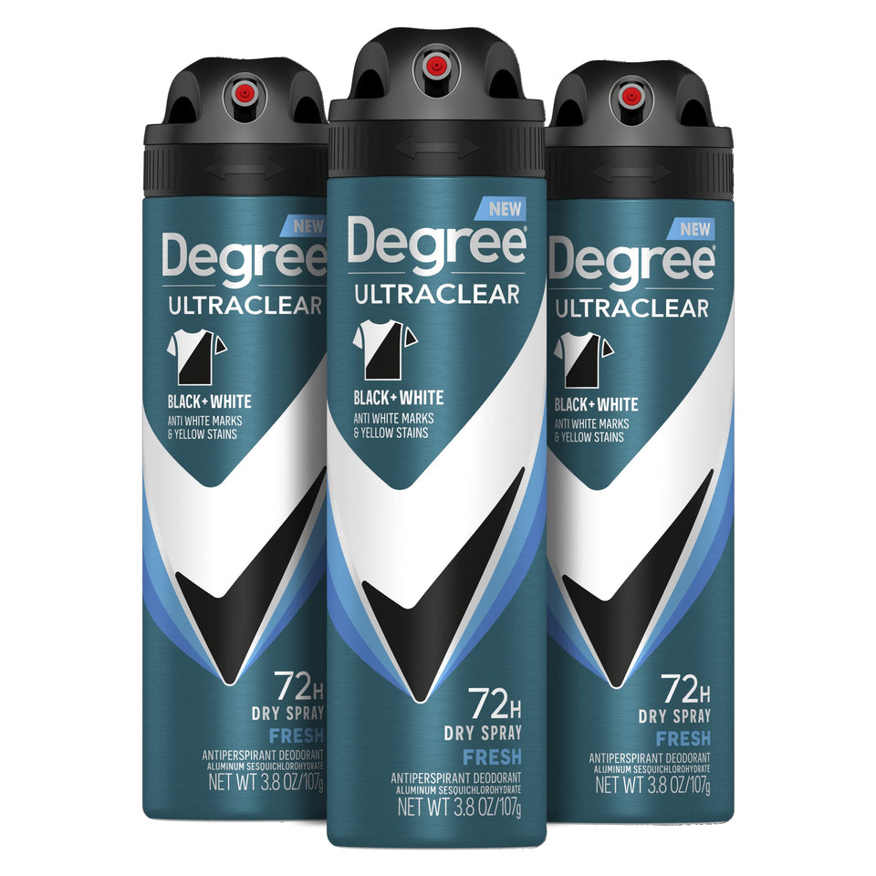 Degree UltraClear front packaging showing protective dry spray benefits