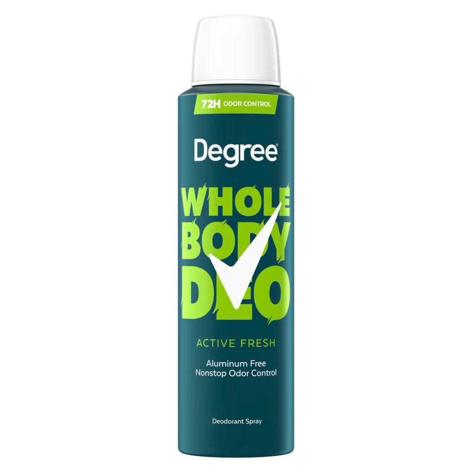 Degree whole body front packaging showing active fresh scent and clean benefit
