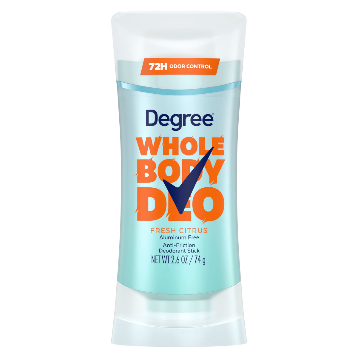Degree front packaging showing fresh citrus scent and 72H protection benefit