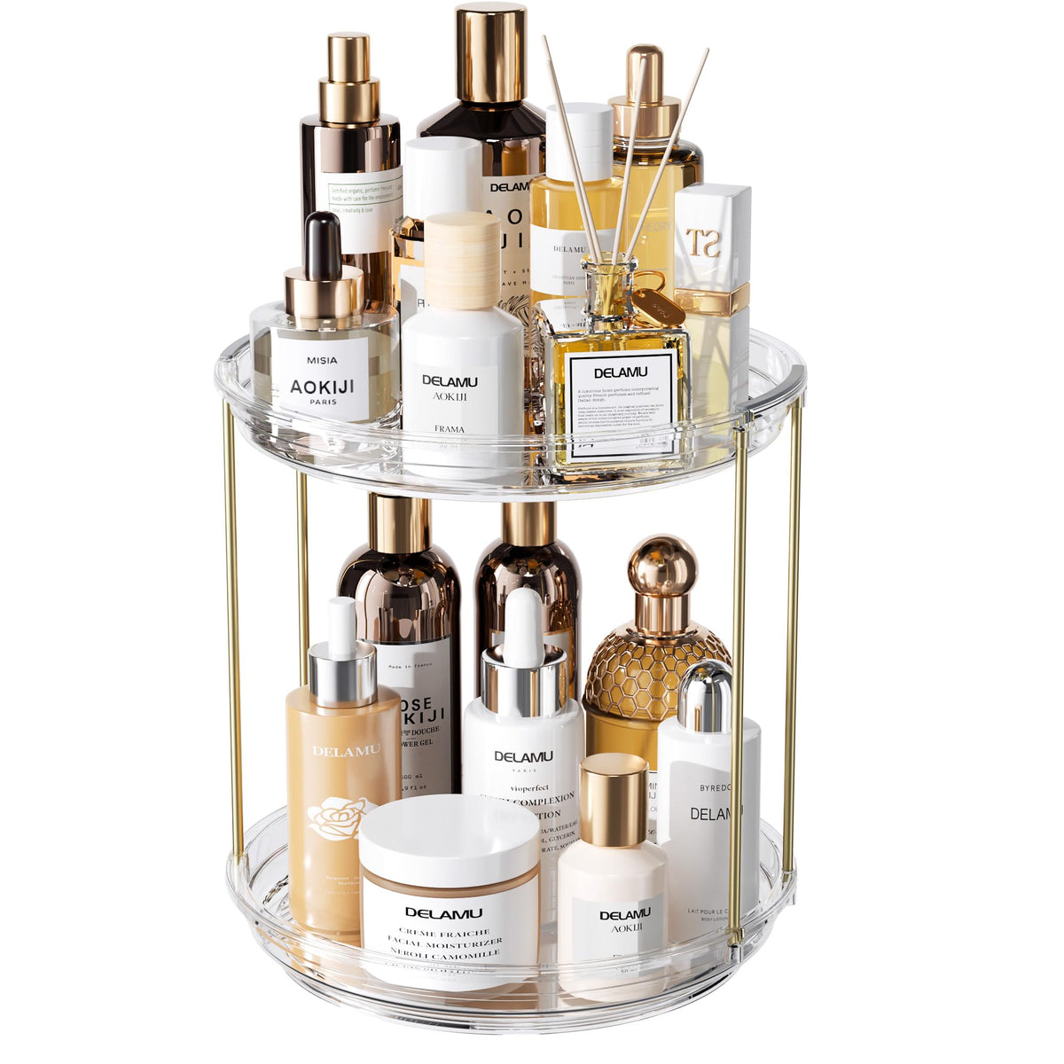 Delamu front view clear organizer showing tidy cosmetics and quick access