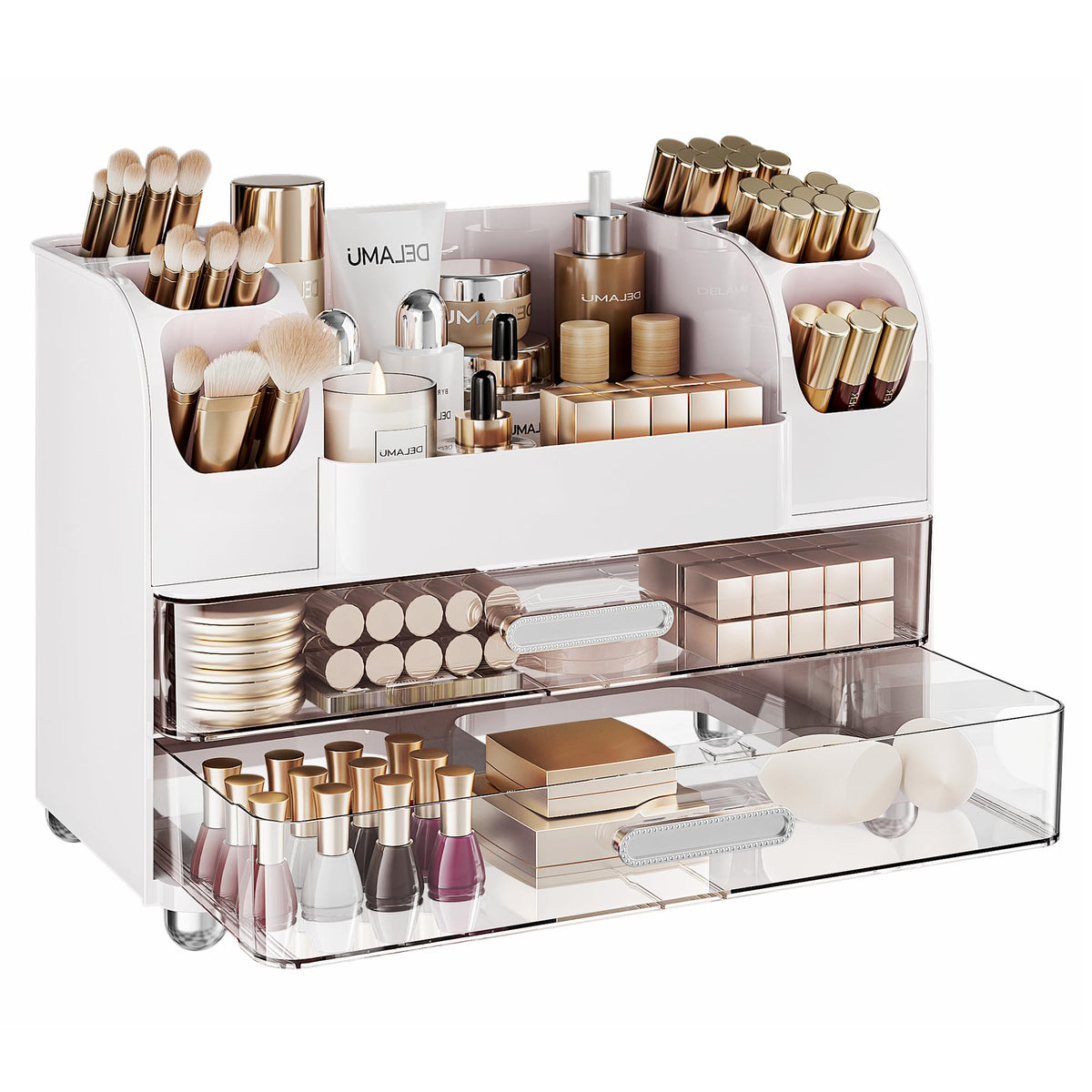 Delamu front view of white organizer showing tidy cosmetics and accessibility