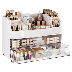 Delamu front view of white organizer showing tidy cosmetics and accessibility
