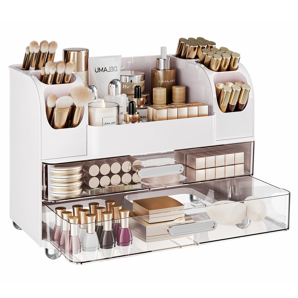 Delamu front view of white organizer showing tidy cosmetics and accessibility