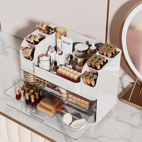 Delamu organizer in use during morning routine for quick access