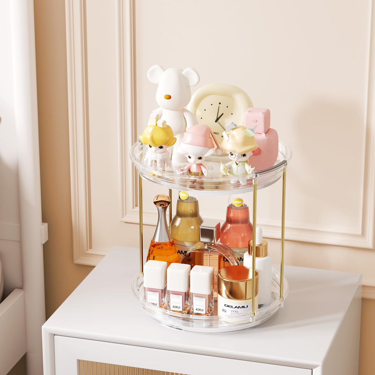 Delamu lifestyle shot on dresser showcasing organized vanity setup