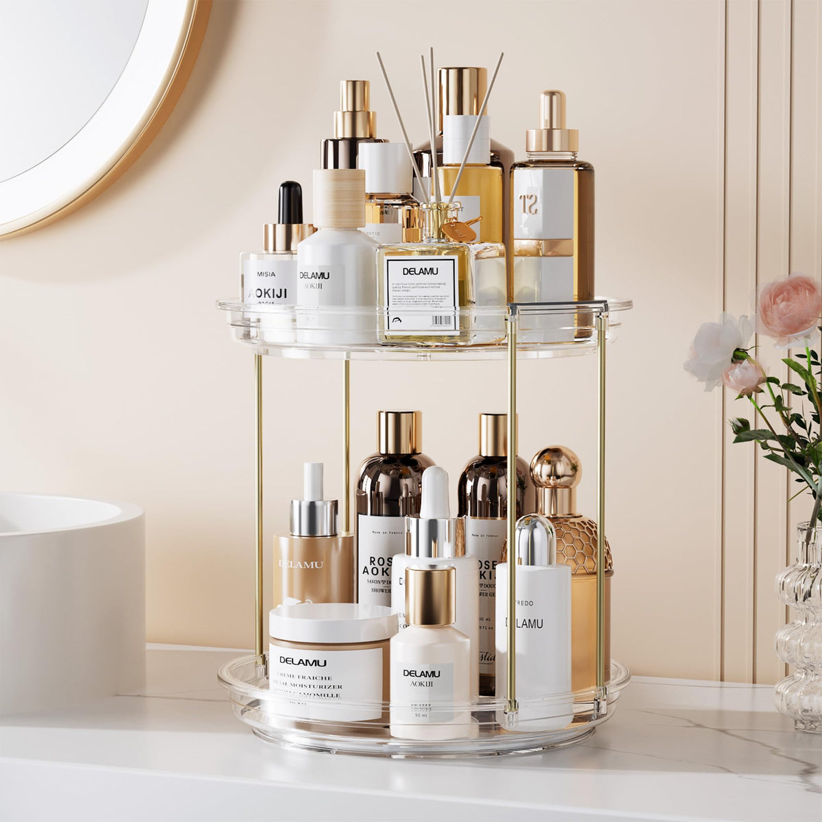 Delamu next to perfume bottles showing scale and storage capacity