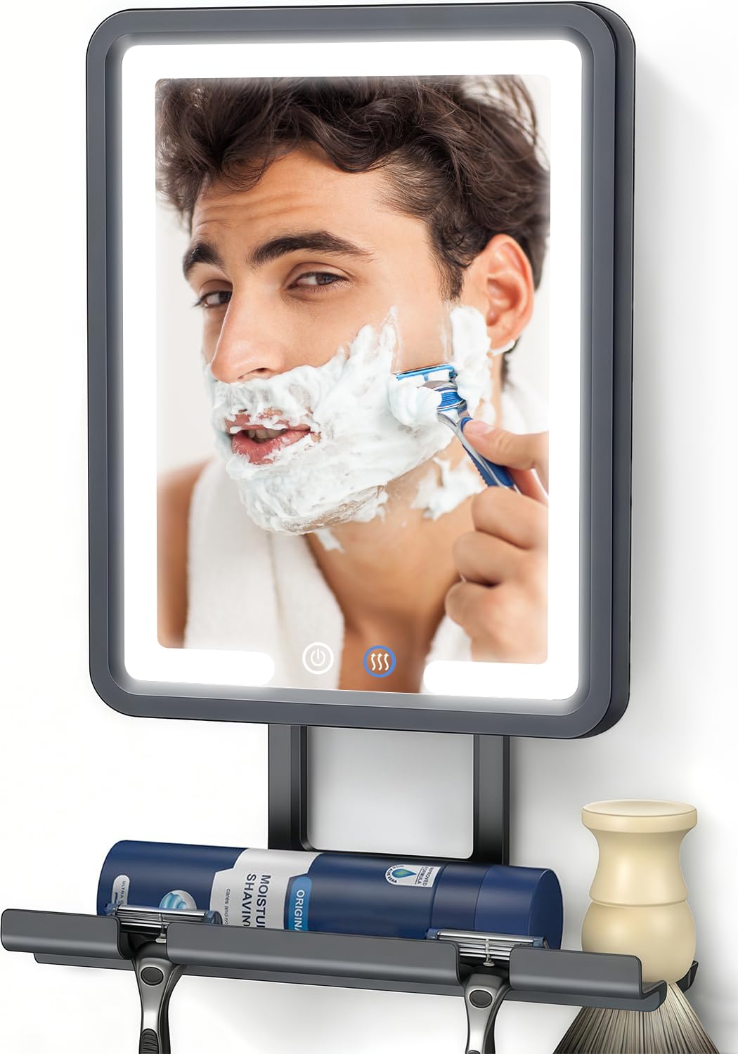 DeLanges front view showing mirror and sleek black frame with fogless benefit