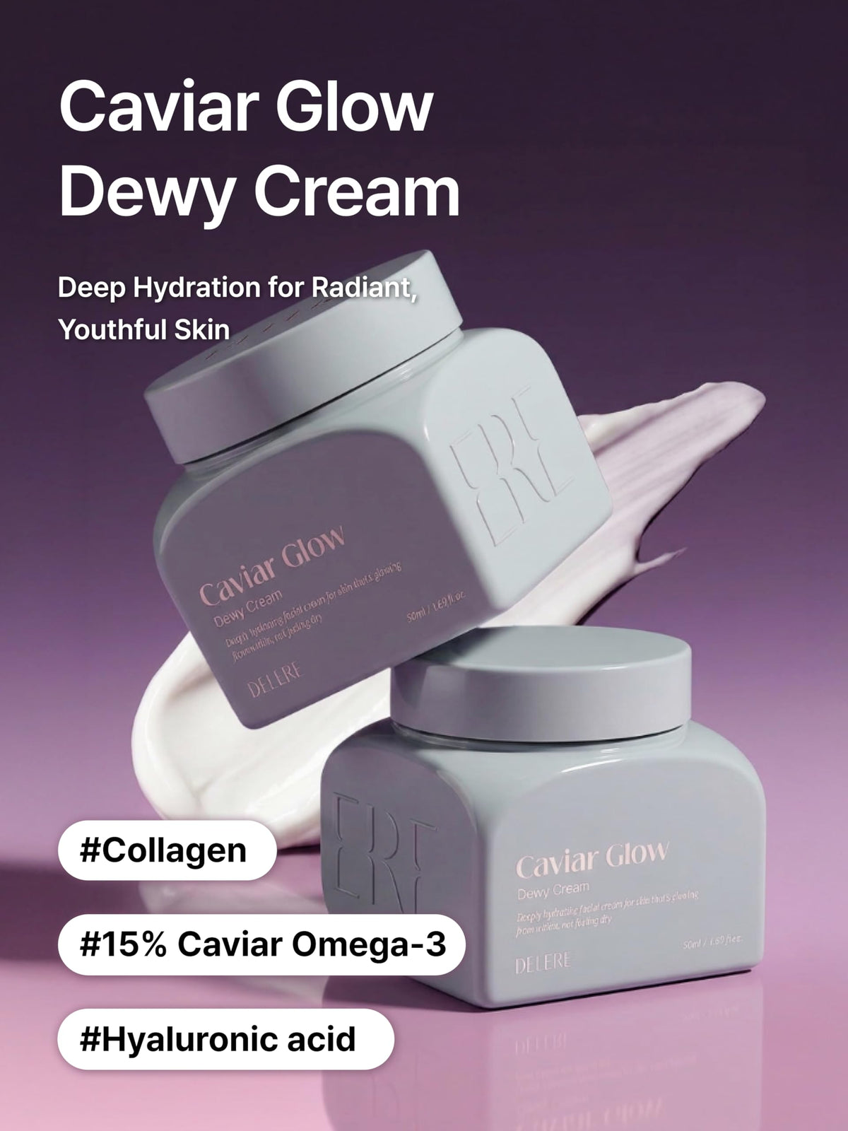 Delere open jar top view revealing silky formula for dewy glow benefit