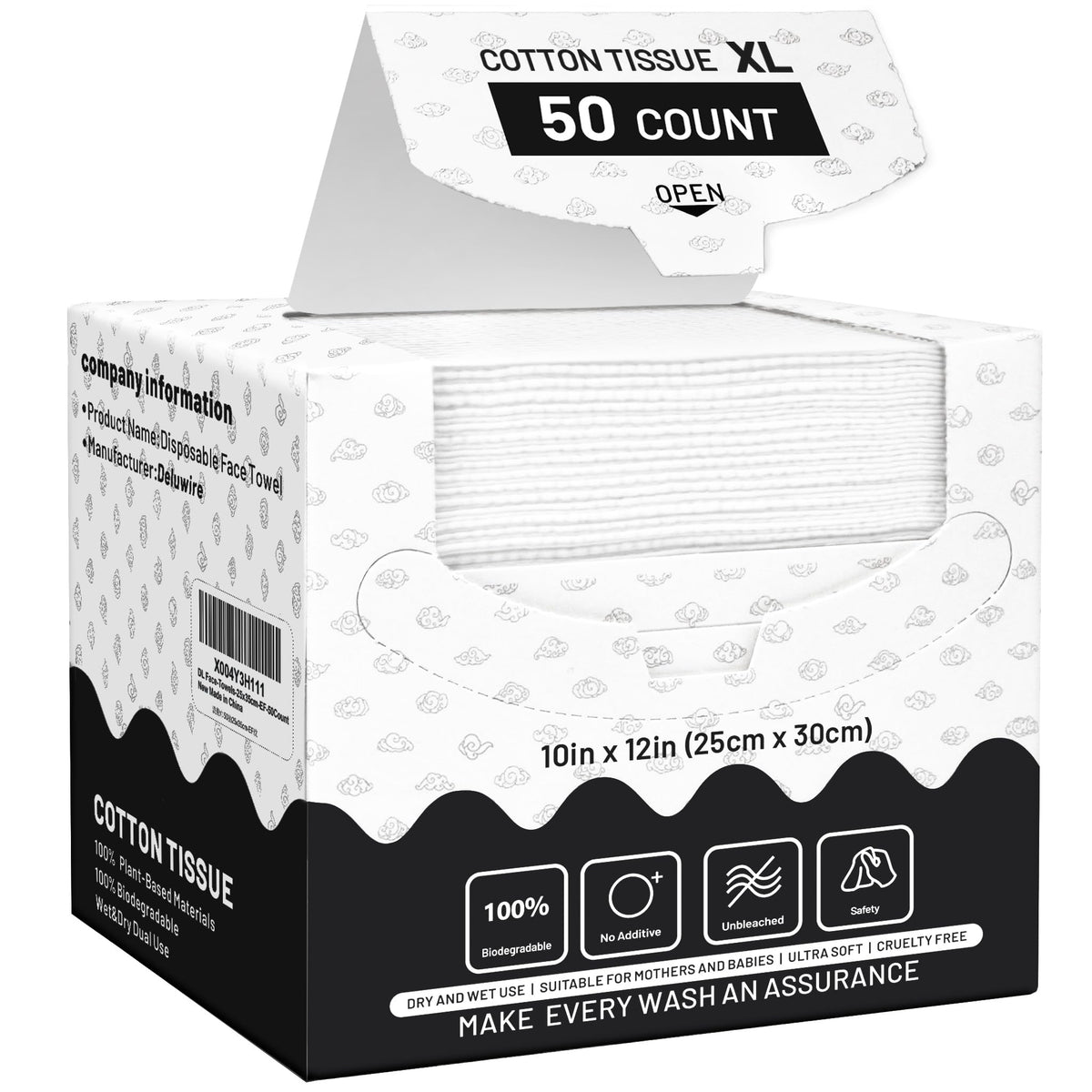 Deluwire front pack shows 50 count and XL size for easy storage