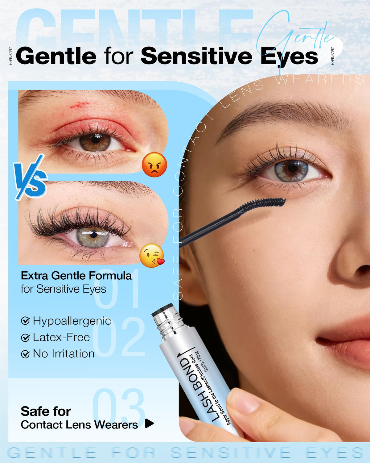 Delyneph step-by-step application on lashes illustrating clean, mess-free control