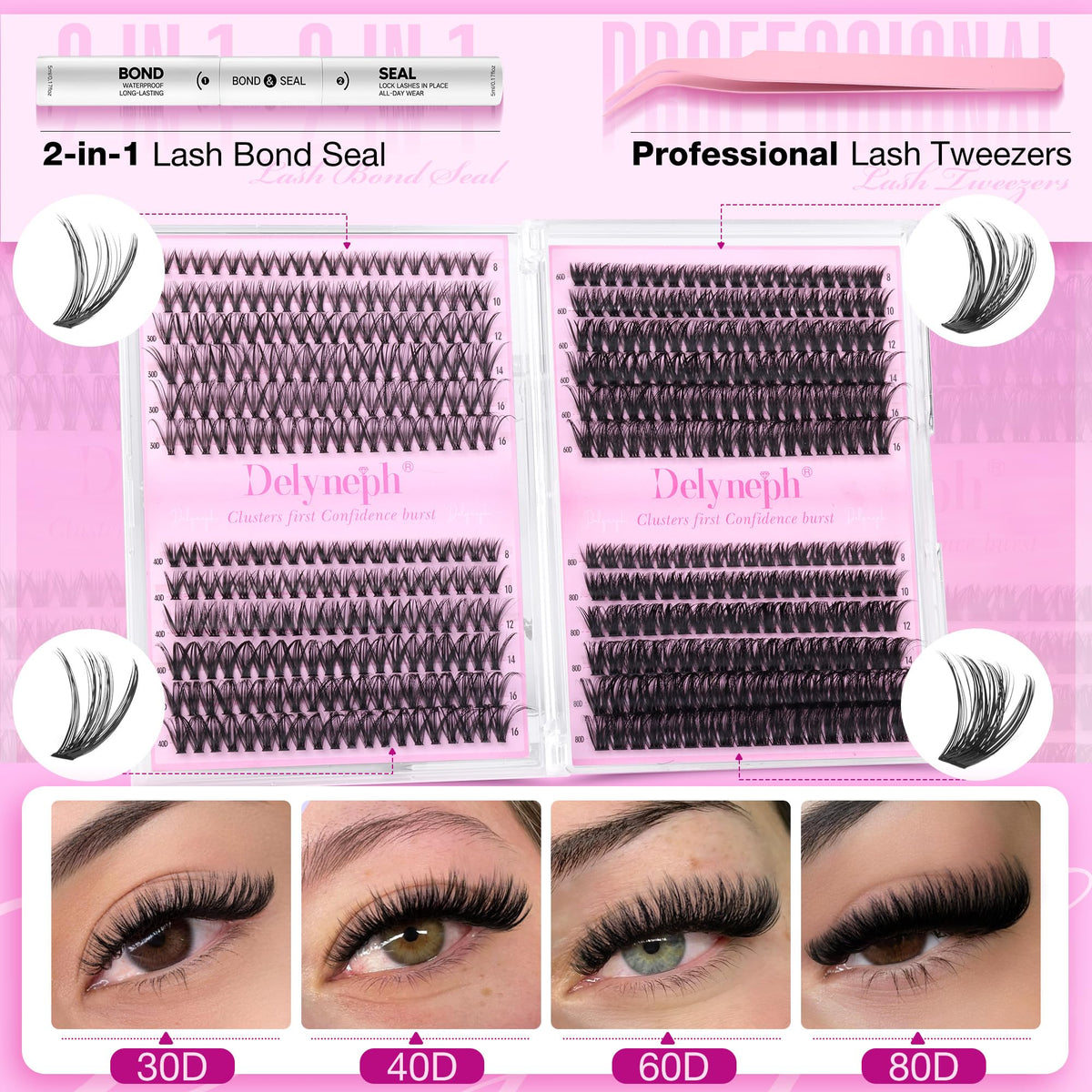 Delyneph close-up of wispy cluster lashes highlighting texture and lightweight comfort