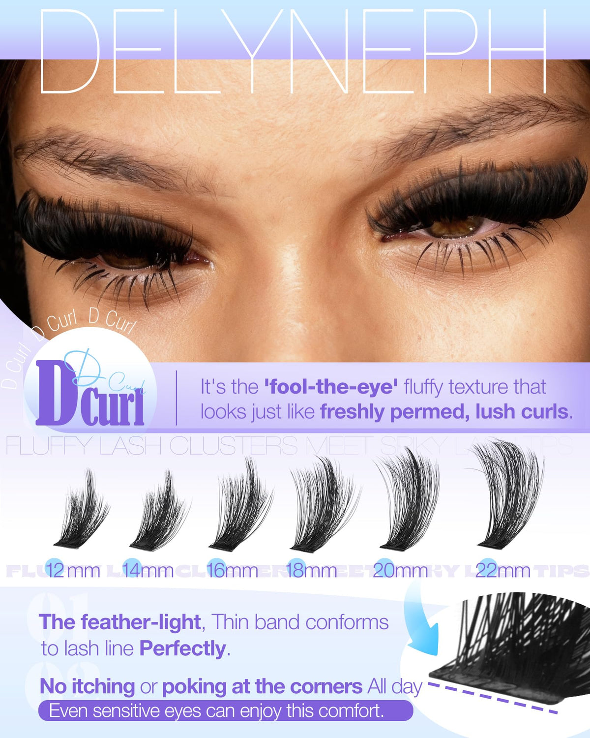 Delyneph side profile showing D curl lift, demonstrates eye-opening shape