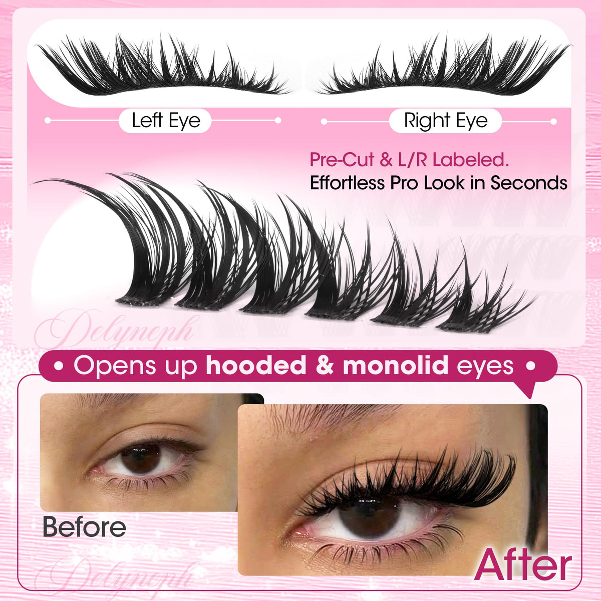 Delyneph worn for evening look, dramatic fox-eye appeal benefit