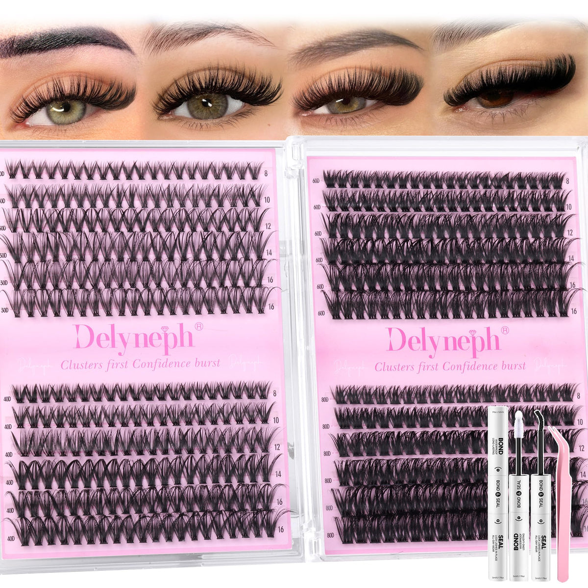 Delyneph lash kit front view showing 456 pieces and included tools for easy at-home use