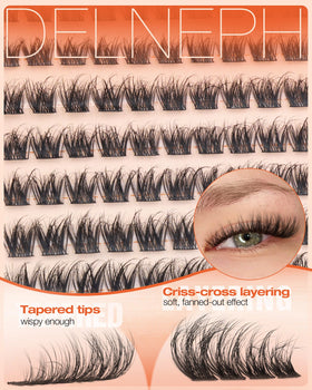 Delyneph model wearing wispy clusters showing airy volume and natural enhancement