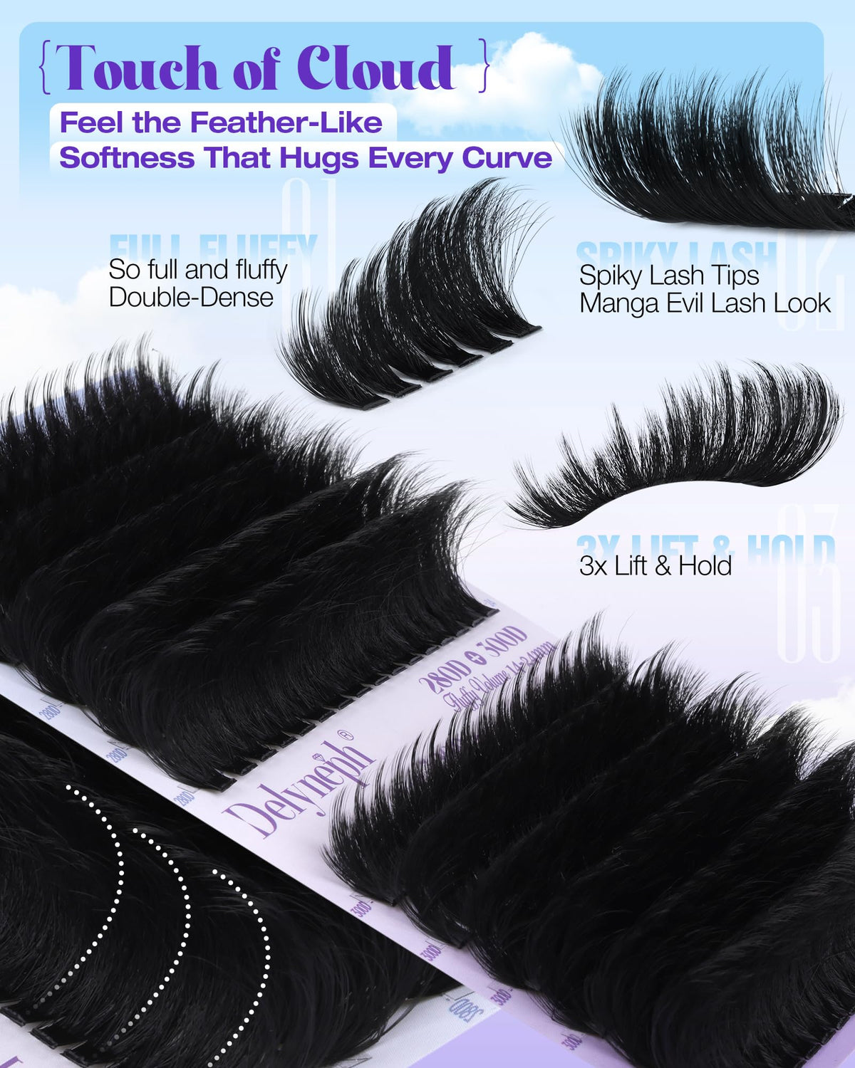 Delyneph model wearing glam manga-style lashes showing dramatic eye-opening effect