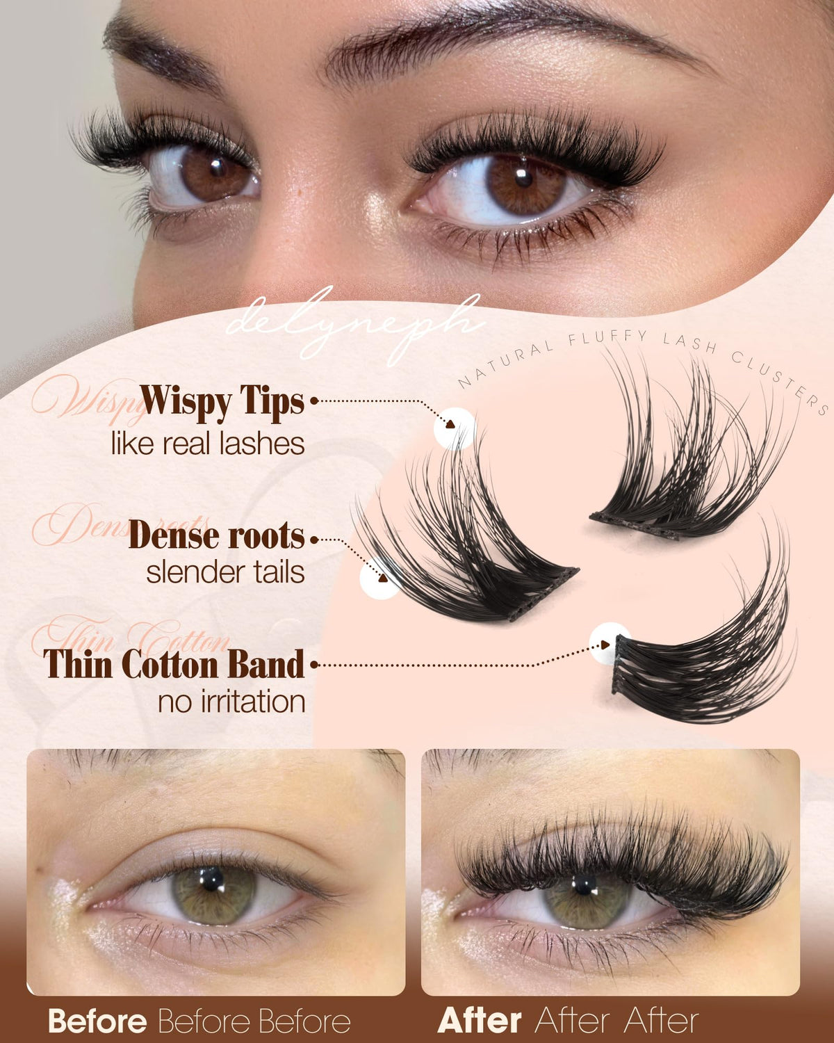Delyneph cluster lashes worn on downturned eye showing lifted effect