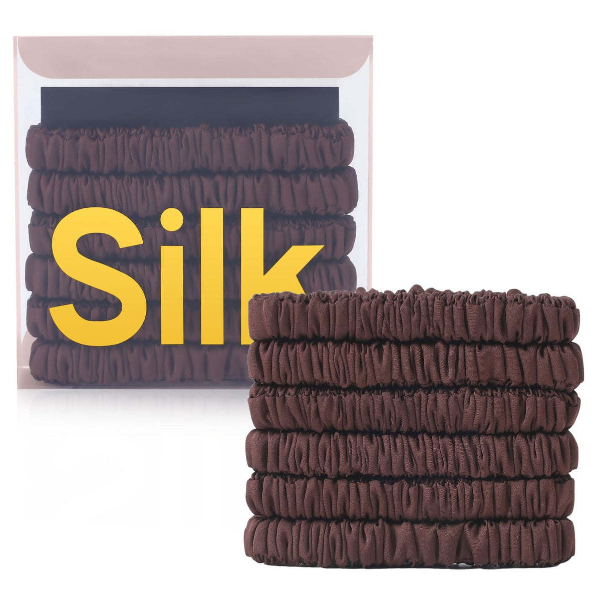 DEMAZALO front packaging with six silk scrunchies, neat gift presentation