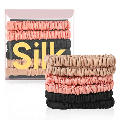 DEMAZALO front packaging showing six silk scrunchies, convenient set