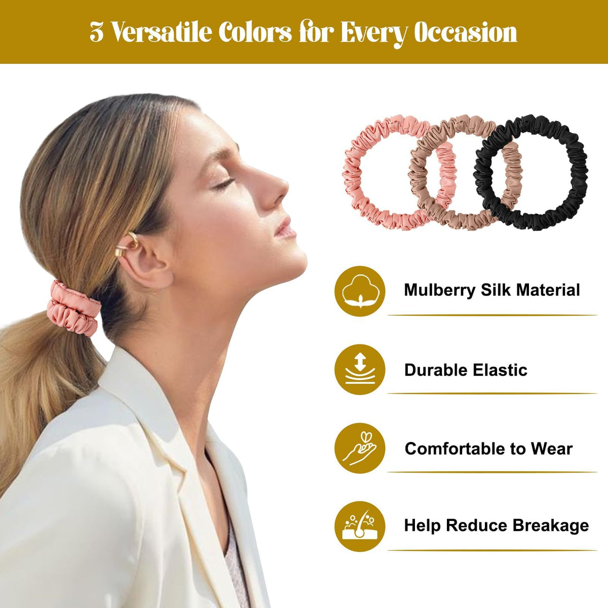 DEMAZALO silk scrunchie in a high ponytail demonstrating secure, gentle hold