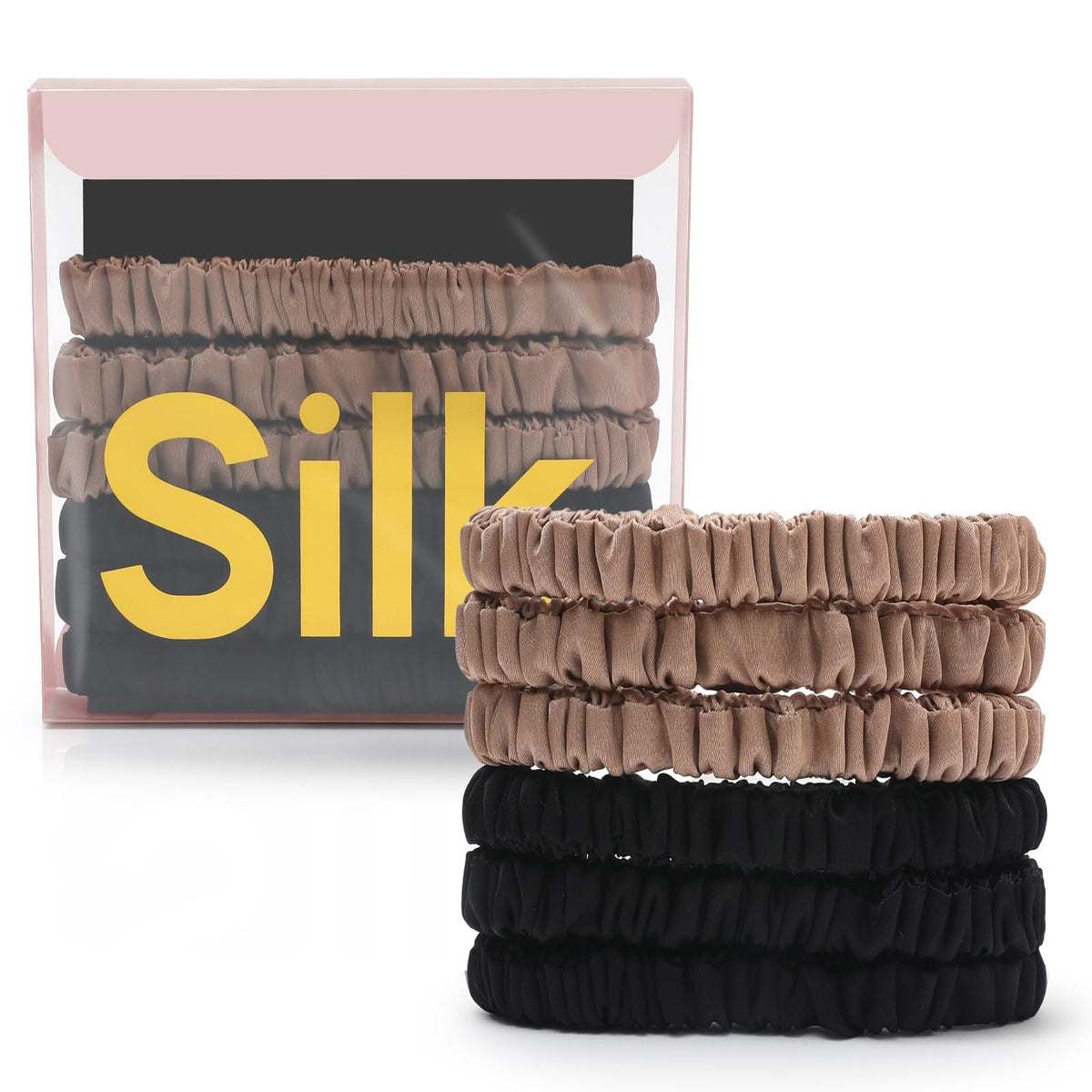 DEMAZALO front packaging showing six silk scrunchies, elegant gift-ready presentation and convenience
