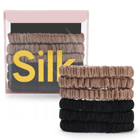 DEMAZALO front packaging showing six silk scrunchies, elegant gift-ready presentation and convenience