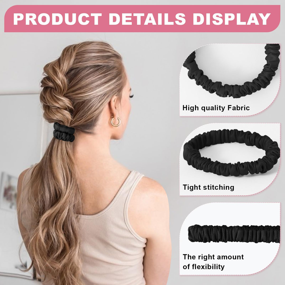 DEMAZALO scrunchie securing a ponytail, gentle hold with minimal hair creasing