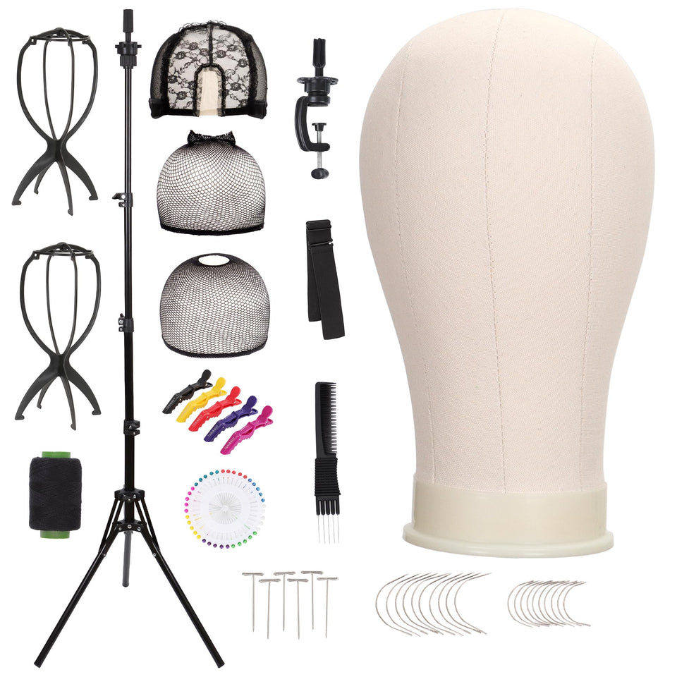 Demides 22" canvas wig head front view showing stable pin-holding surface benefit