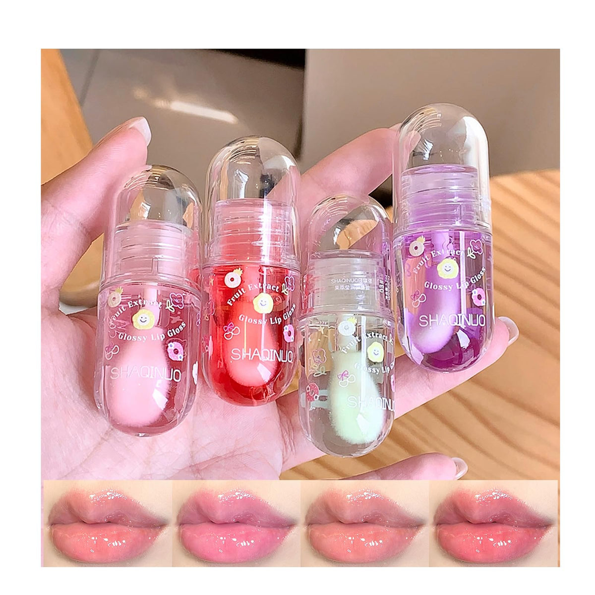 DENESTUP front packaging showing four fruit-flavored glosses and gift appeal