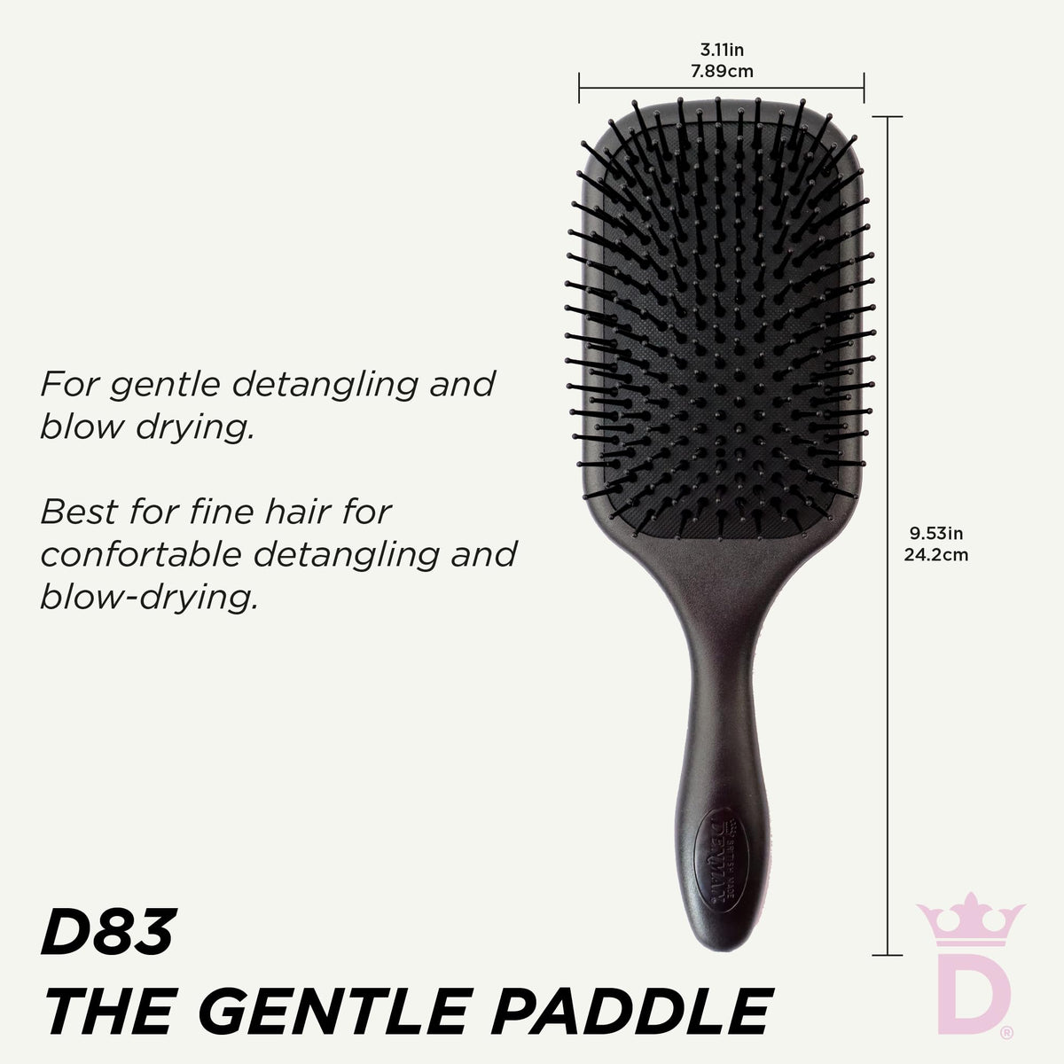 Denman close-up of round-tipped bristles minimizing hair breakage