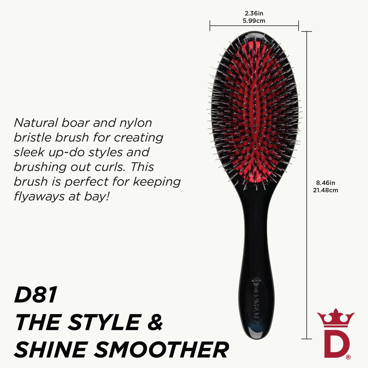 Close-up of Denman natural boar and nylon bristles polishing hair for shine