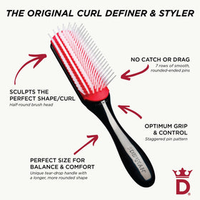 Denman brush smoothing curls during a blowout for polished, frizz-controlled finish