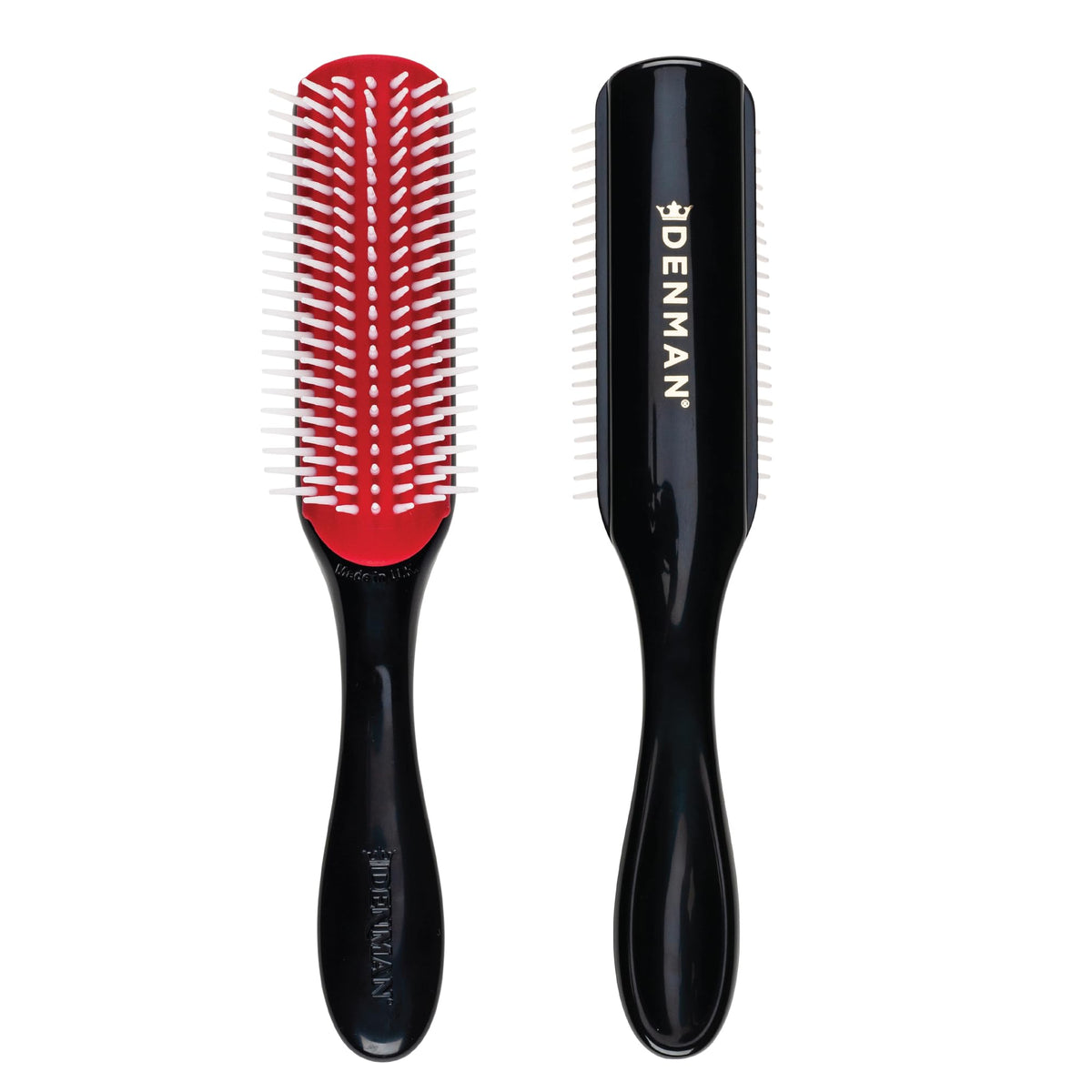Denman D3 curly hair brush front view showing rows and compact head for precise styling