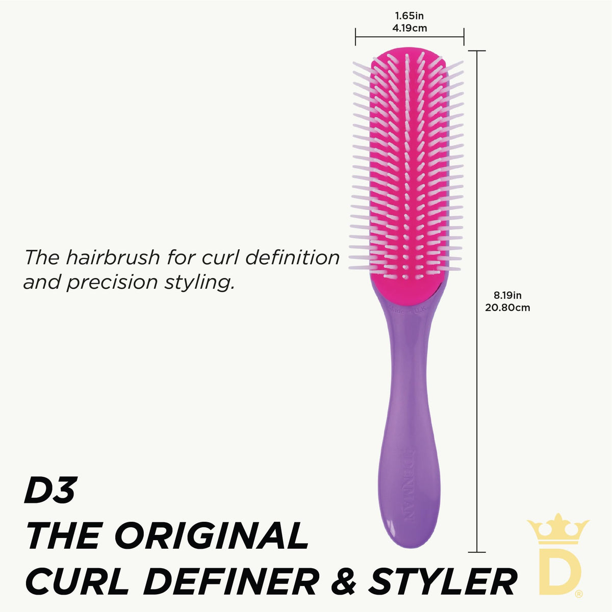 Denman D3 close-up of round-ended nylon pins reducing catch for smoother styling