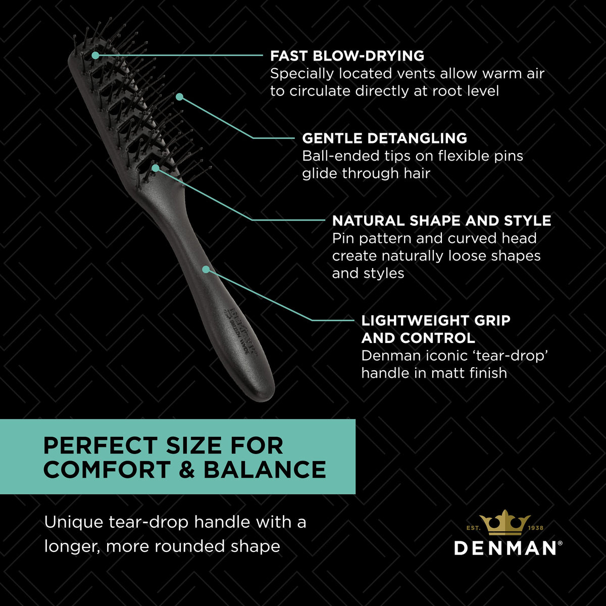 Denman brush held in hand for scale and ergonomic lightweight grip comfort