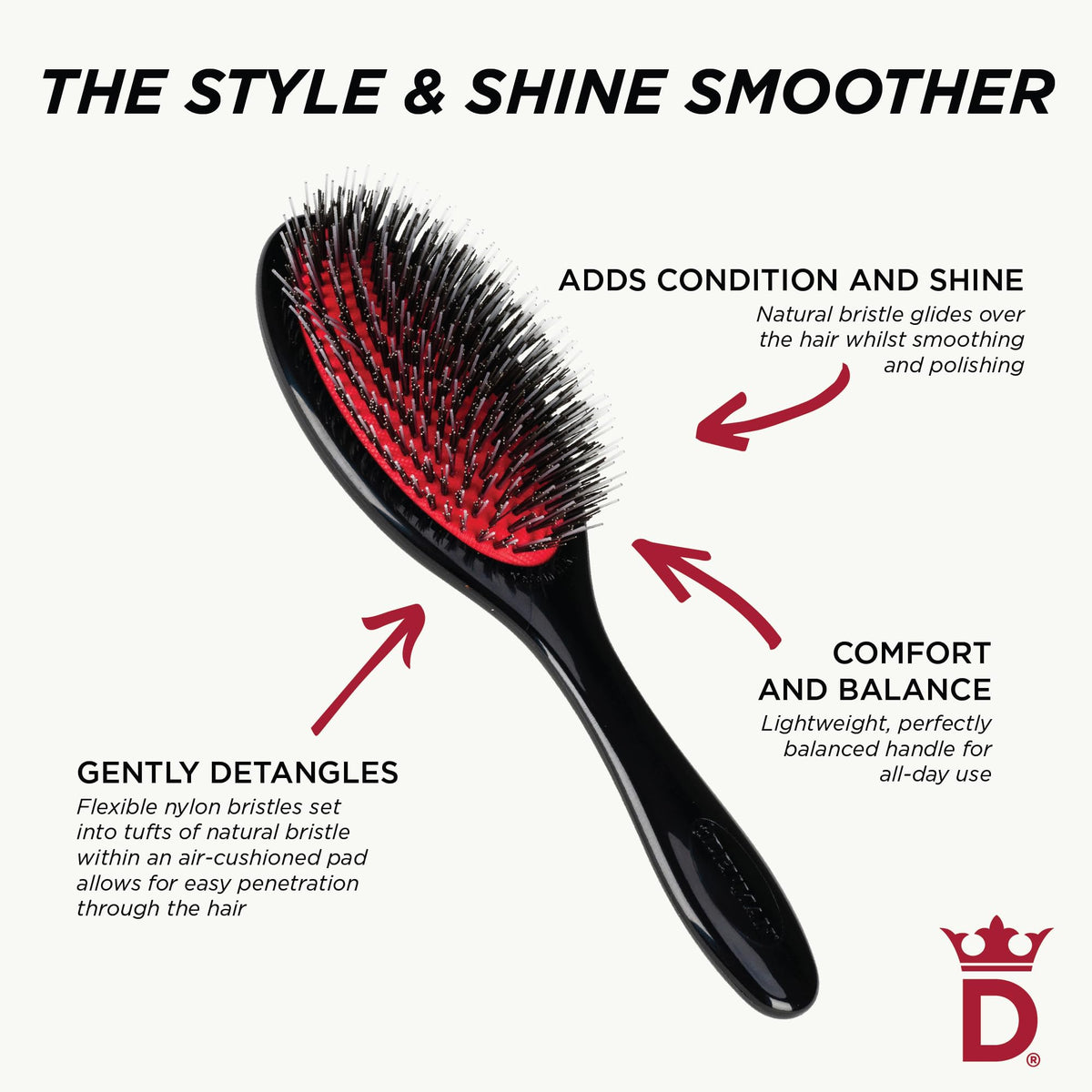 Denman brush next to ruler showing compact size and easy storage benefit