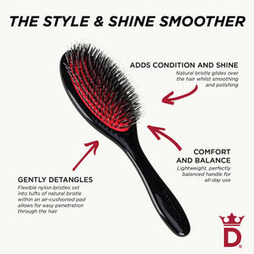 Denman brush next to ruler showing compact size and easy storage benefit