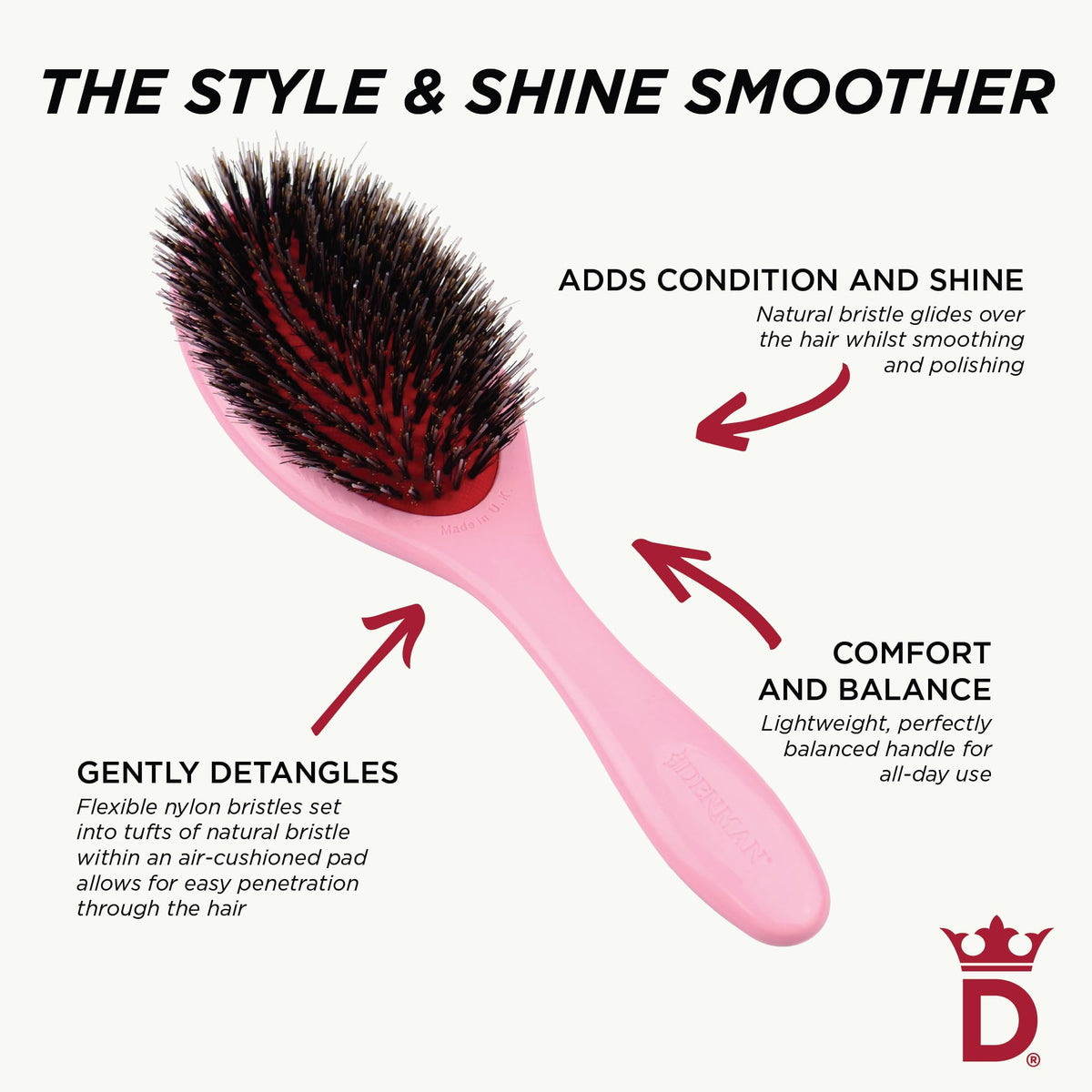Denman brush beside different hair samples showing compatibility with fine to coarse textures